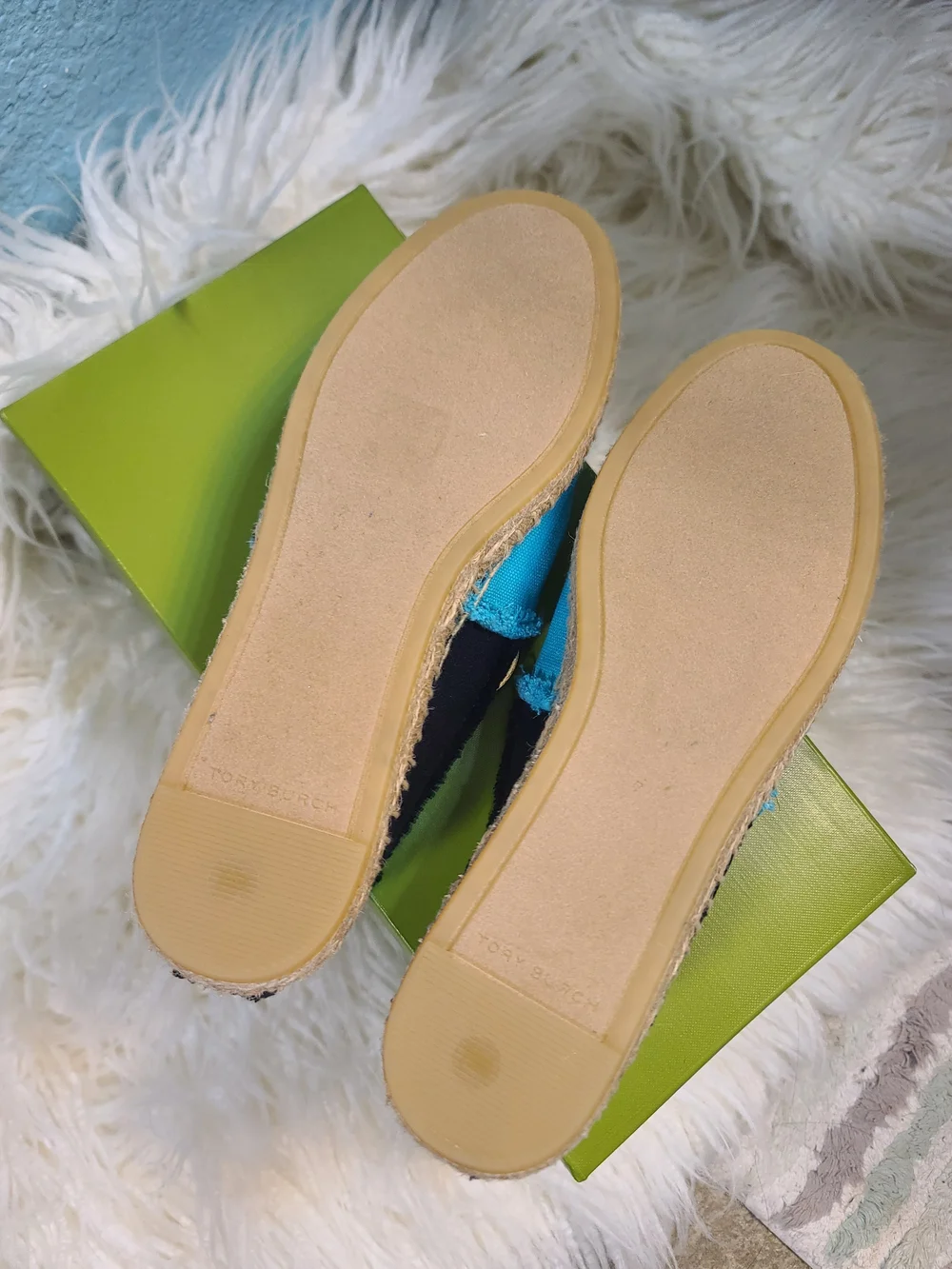 Tory Burch Turquoise and Navy Canvas Espadrille Slip-On with Embroidered Logo